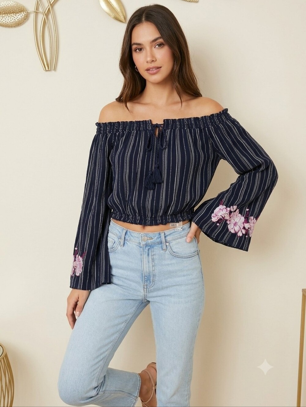 Xhilaration Navy Striped Off-Shoulder Top with Pink Floral Cuffs Size S Rayon